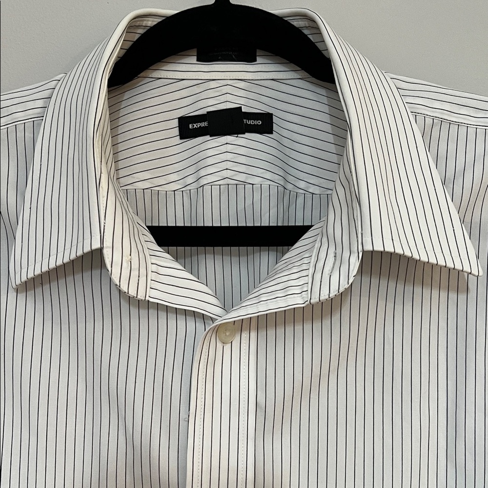 Express Design Studio White and Black Pin Striped Collared Dress Shirt Button - Picture 5 of 11